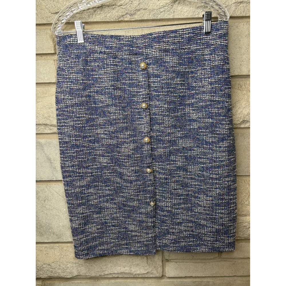Messini Blue Multi Tweed Pencil Skirt Pearl Buttons Knee Length Womens Large